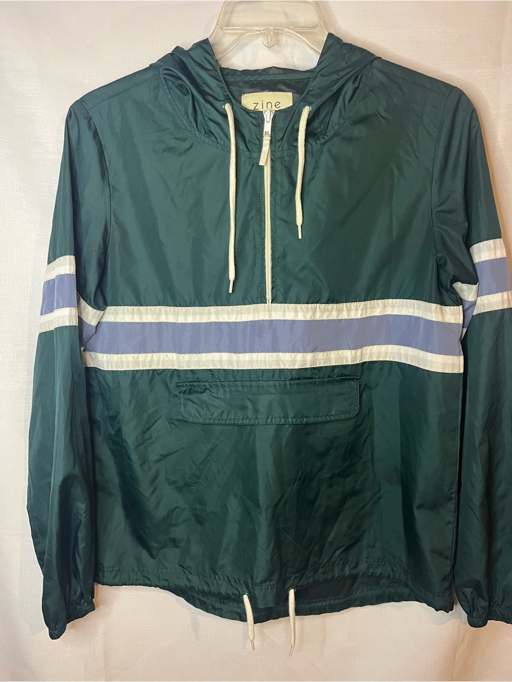 Zine Clothing Dark Green Hooded Windbreaker with Light Blue and White Stripes